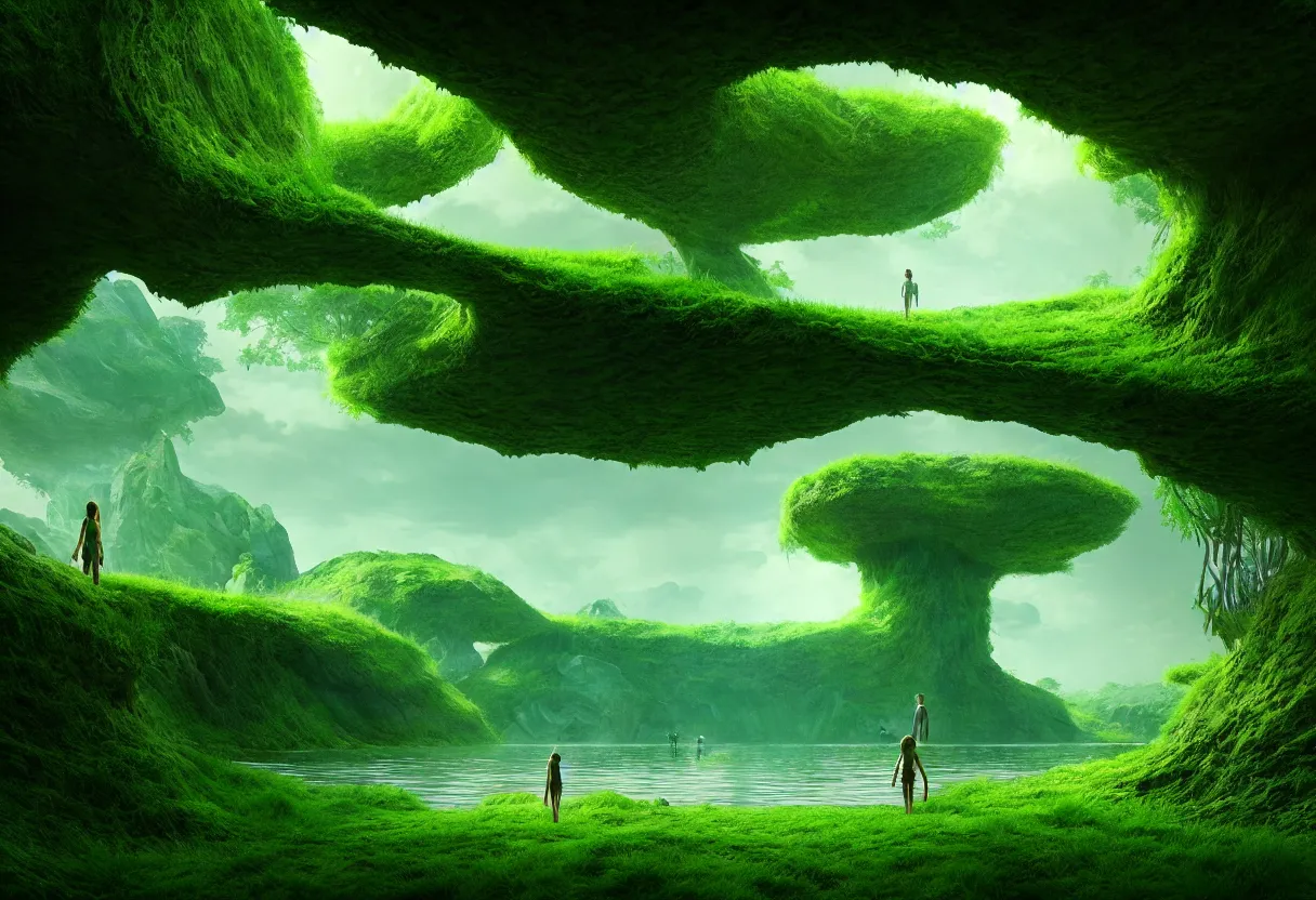 Image similar to inside of alien lake lush summer green landscape of human mind and imagination, matte painting, beautiful render, octane render, concept art