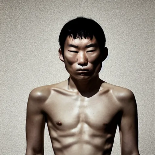 Prompt: a japanese male wearing a iris van herpen crop top, photographed by erwin olaf