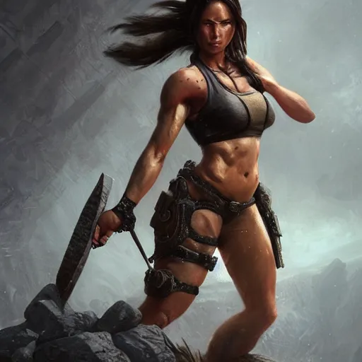 Image similar to lara croft as a female bodybuilder sorceress, fantasy, intricate, elegant, highly detailed, digital painting, artstation, concept art, matte, sharp focus, illustration, art by aenaluck and roberto ferri and greg rutkowski, epic fantasy, digital painting