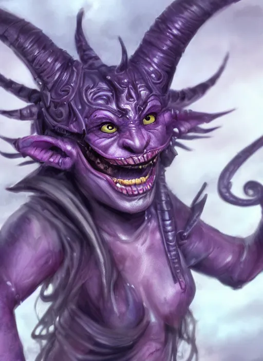 Prompt: purple skin, Tiefling Pirate, laughing, beautiful detailed eyes, cute, fantasy, intricate, elegant, highly detailed, digital painting, 4k, HDR, concept art, detailed jewelry, smooth, sharp focus, illustration, by Douglas Shuler