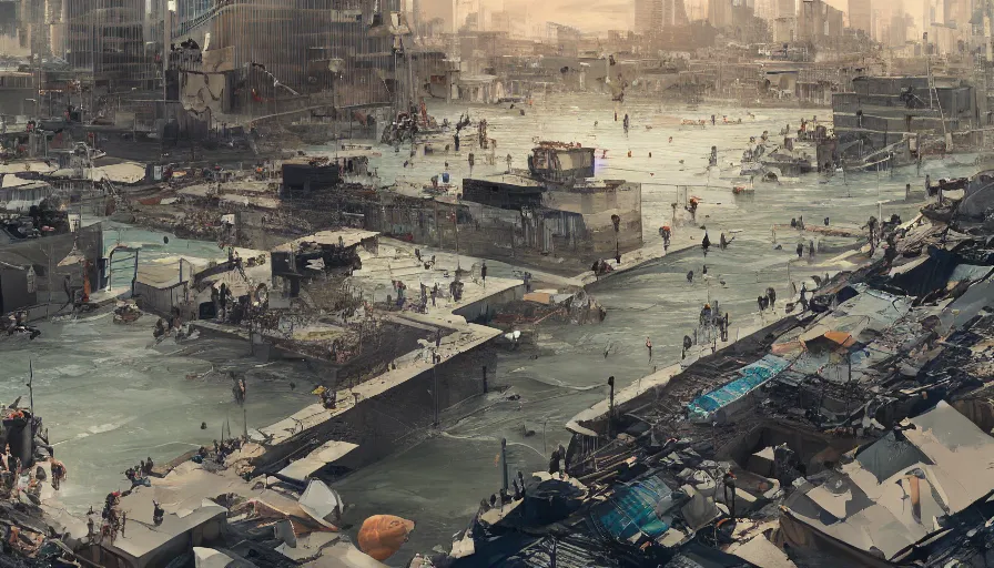 Image similar to people in a rooftop watching their city underwater after a tsunami, hyperdetailed, artstation, cgsociety, 8 k