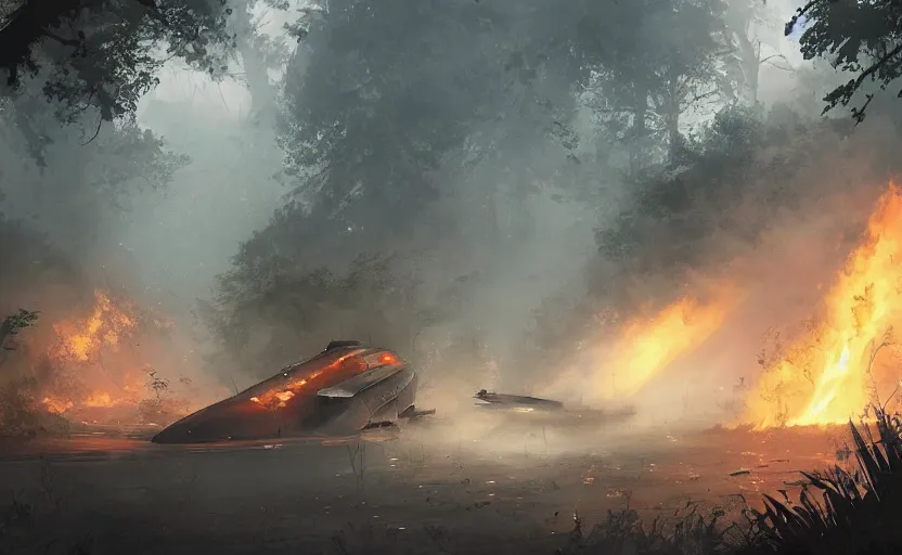 Image similar to one single fighter design spaceship on fire crashed on the ground, on the ground, smoke, smoke, cloudy air, forest, swamp. Atmospheric lighting, overgrowth. By Makoto Shinkai, Stanley Artgerm Lau, WLOP, Rossdraws, James Jean, Andrei Riabovitchev, Marc Simonetti, krenz cushart, Sakimichan, trending on ArtStation, digital art.