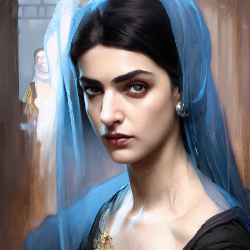 Image similar to a Photorealistic dramatic hyperrealistic render of an arab ameera al taweel, blue eyes, black hair, white veil,by WLOP,Artgerm,Greg Rutkowski,Alphonse Mucha, Beautiful dynamic dramatic dark moody lighting,shadows,cinematic atmosphere,Artstation,concept design art,Octane render,8K