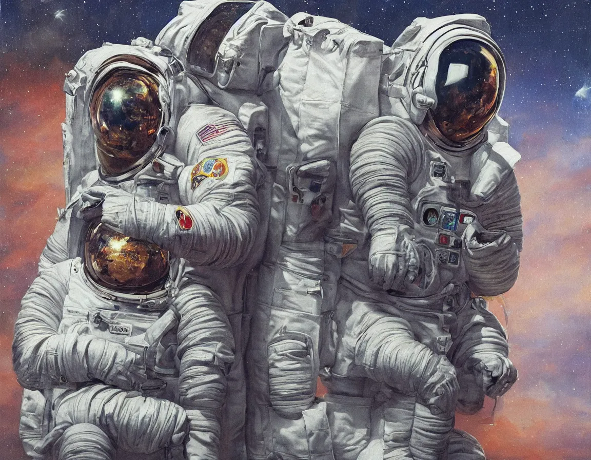 Image similar to hyper realistic oil painting of astronaut waiting for the bus at the bus stop, hd, hdr, by stanisław wyspianski, ultra detailed, high resolution