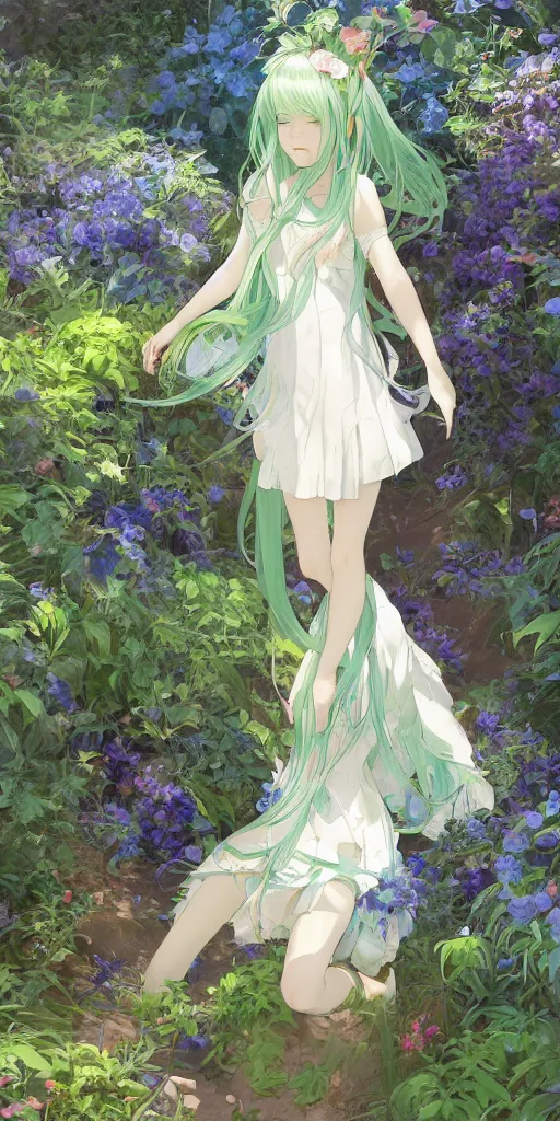 Image similar to a digital art of a loli with long hair in a dress in the privet garden at after noon, green and warm theme, blue accents, by krenz cushart and mucha and akihito yoshida and greg rutkowski and makoto shinkai, low angle, back lighting, detailed eyes, 4 k resolution, trending on art station