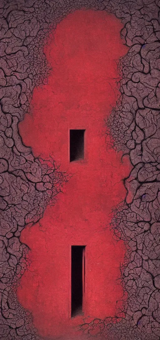 Image similar to huge detailed red door standing in wasteland in style of zdzisław beksinski, fractal patterns,