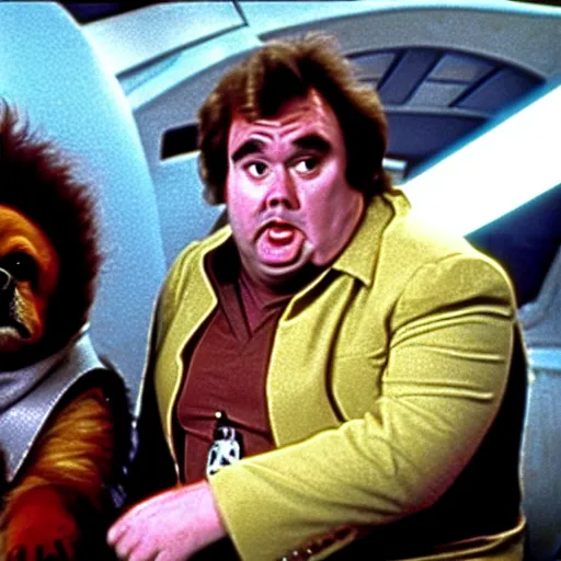 Image similar to John Candy in a dog suit dressed as Barf from Spaceballs sits next to Han Solo in the Millenium Falcon, movie still ftom Star Wars (1977)