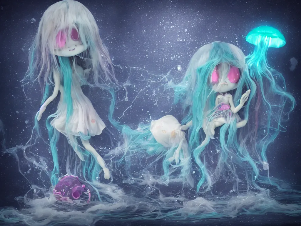 Image similar to cute fumo plush gothic jellyfish maiden alien girl swimming in the waves of the dark galactic abyss, tattered ragged gothic dress, ocean waves and reflective splashing water, vignette, vray