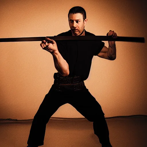 Image similar to andrew tate with a katana, epic stance, cinematic, studio lighting