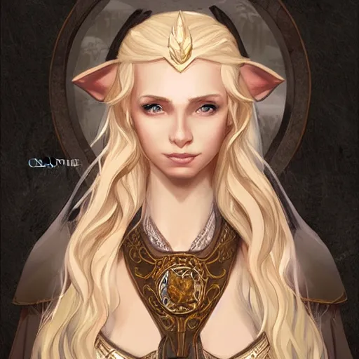 Prompt: a d & d character portrait of a beautiful noble elf princess with blonde hair, regal jewellry by charlie bowater