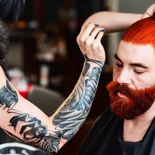 Image similar to a man with a dark beard and tattoos giving a haircut to a woman with long straight red orange hair