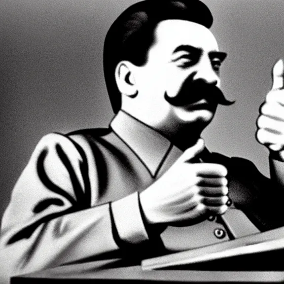 Image similar to stalin sits in front of a laptop, watching it and showing thumbs up on his left hand