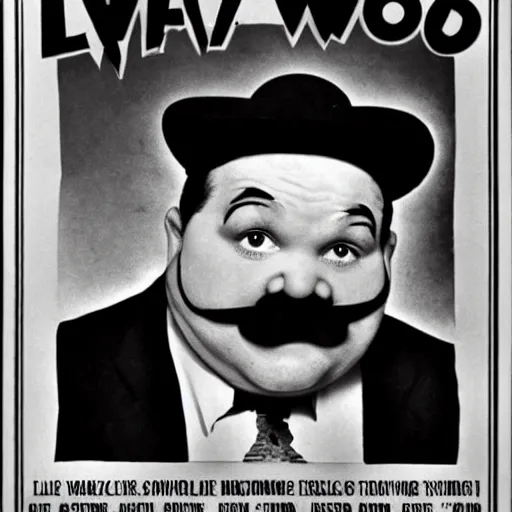 Image similar to live-action-Wario-hollywood movie casting, played by Oliver-Hardy, posing for poster photography