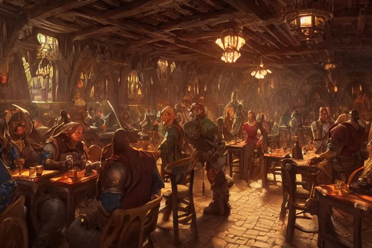 Prompt: ultra realistic illustration, medieval tavern interior from warcraft and d & d, intricate, elegant, highly detailed, digital painting, artstation, concept art, smooth, sharp focus, illustration, art by artgerm and greg rutkowski and alphonse mucha