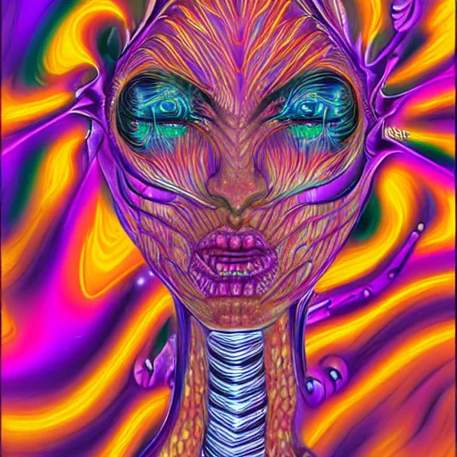 Prompt: closeup of an adorable cyber demoness, cute, eldritch woman abomination of unimaginable horror by alex grey and junji ito, speculative evolution, psychedelic illustration, op art brain