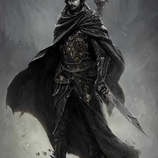 Image similar to the torturer Severian from Book of the New Sun by gene wolfe holds his sword and wears his darkest black cape, D&D, fantasy, intricate, highly detailed, oil painting, artstation, Greg Rutkowski, Artgerm, Alphonse Mucha, WLOP