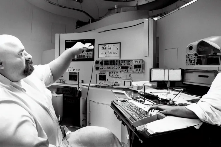 Prompt: heavyset bald man wearing a white shirt and genes working in a nuclear silo control room by Roger Deakins