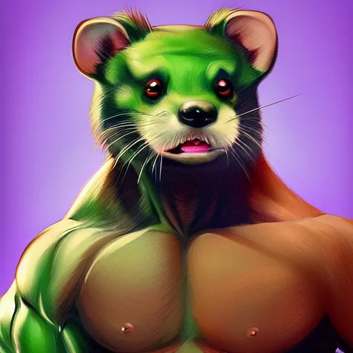 Image similar to A ferret as The Hulk, white background, Digital painting