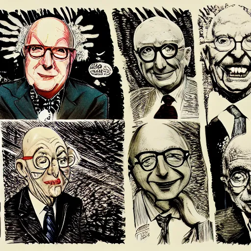 Prompt: Jacob Rothschild and george soros and bill gates and Klaus Schwab by Ralph Steadman, dollar bills, body horror, evil, scribbles biopunk, 8k , trending on artstation