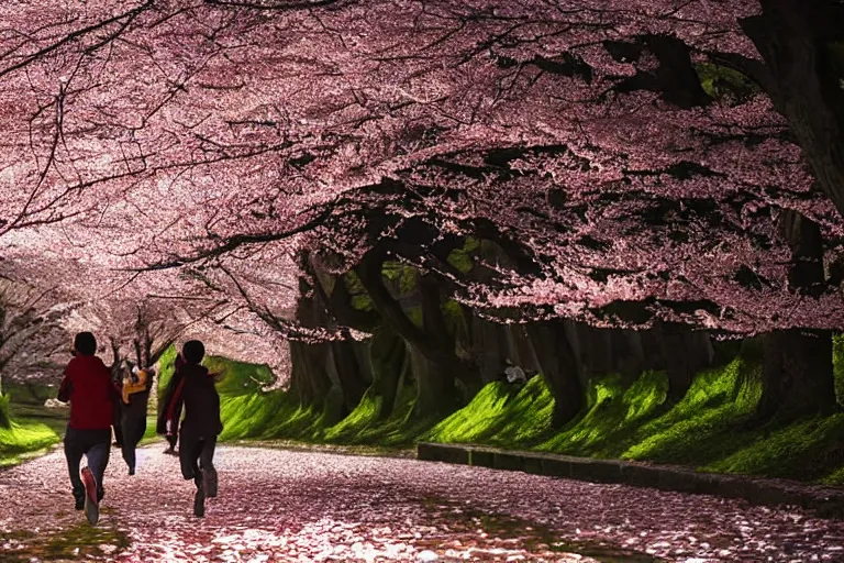 Image similar to vfx movie scene closeup japanese couple running through cherry blossom forest, natural lighting by emmanuel lubezki