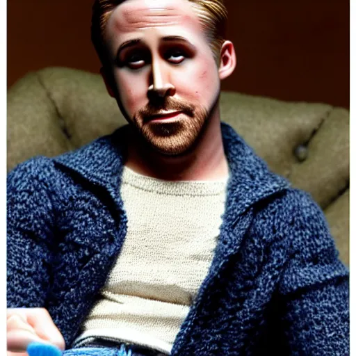 Prompt: ryan gosling but he is knitted from yarn, sits on a chair in a white jacket, preservation of lethality, proportions, quality, realism, focus in the foreground,