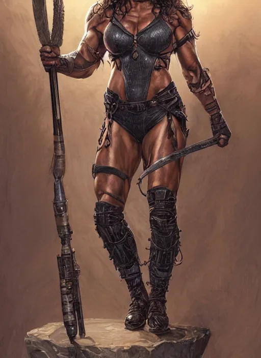Prompt: very muscled Amazon Mila Kunis as a ruggedly mean looking heroine, intricate, elegant, highly detailed, centered, digital painting, artstation, concept art, smooth, sharp focus, illustration, art by artgerm and donato giancola and Joseph Christian Leyendecker, WLOP