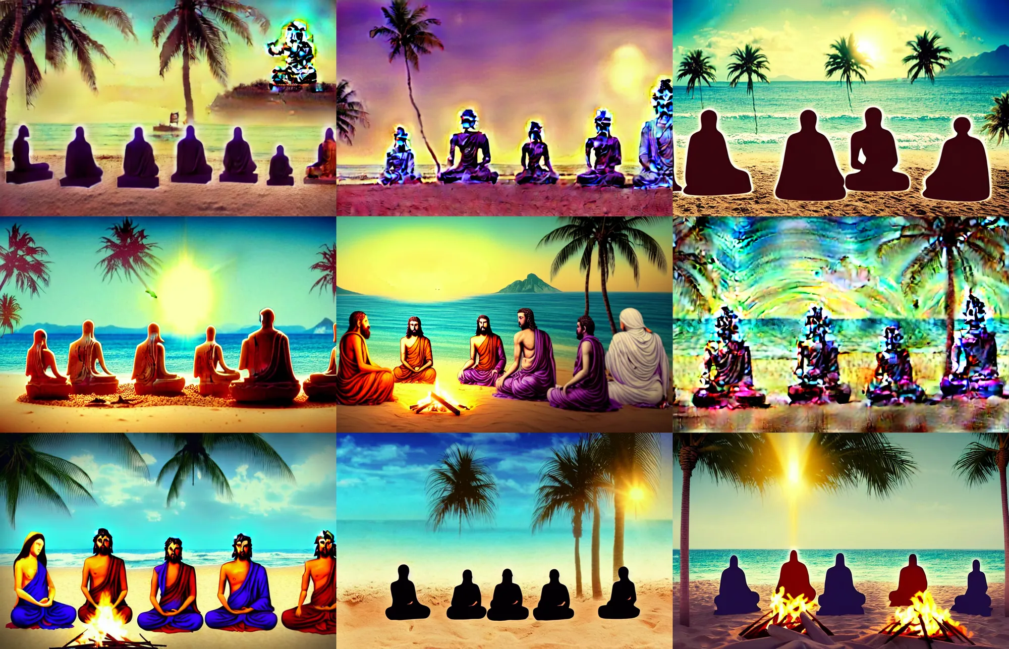 Prompt: buddha, mother theresa, gandhi and hippy jesus at the beach sitting on the sand next to a campfire with palm trees in the back, gloom haven, matte painting concept art, art nouveau, beautifully backlit, swirly vibrant color lines, fantastically gaudy, aesthetic octane render, 8 k hd resolution, hyper realistic, focused, extreme details, masterpiece