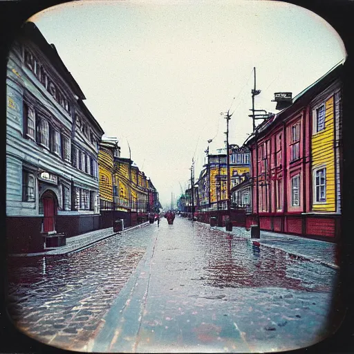 Prompt: low angle wide shot of Petrozavodsk street in the early morning, after rain, polaroid photo, by Warhol,