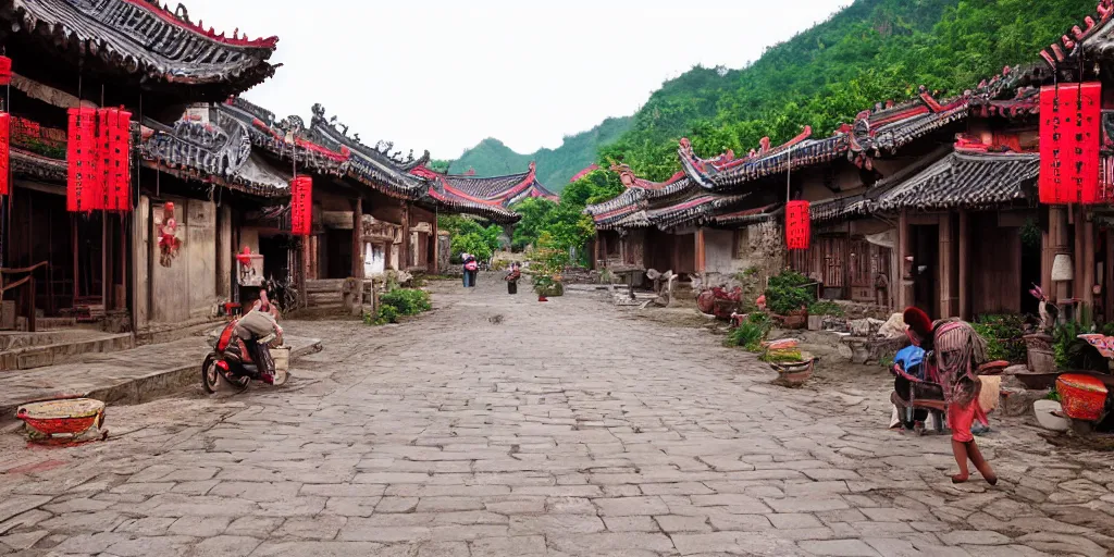 Prompt: a rural chinese village, photograph, realistic, bright vivid lighting