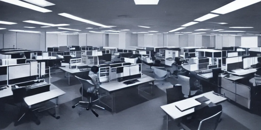 Image similar to a large 1970's computing room with 9-track machines and glowing screens. by IBM by Amdahl.