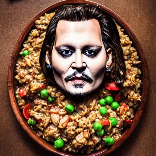 Image similar to johnny depp made out of jambalaya, a human face made out of a bowl of jambalaya, professional food photography