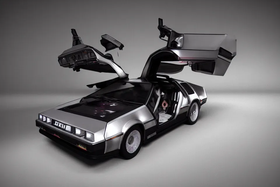 Image similar to ultra realistic delorean dmc 5, dark cinematic, volumetric, realistic, 3 d render, realistic render, cinematic lighting, volumetric lighting, atmospheric, cinematic, unreal engine 5, unreal engine render, octane render, hd, photorealism, hyper realistic, photo, 8 k