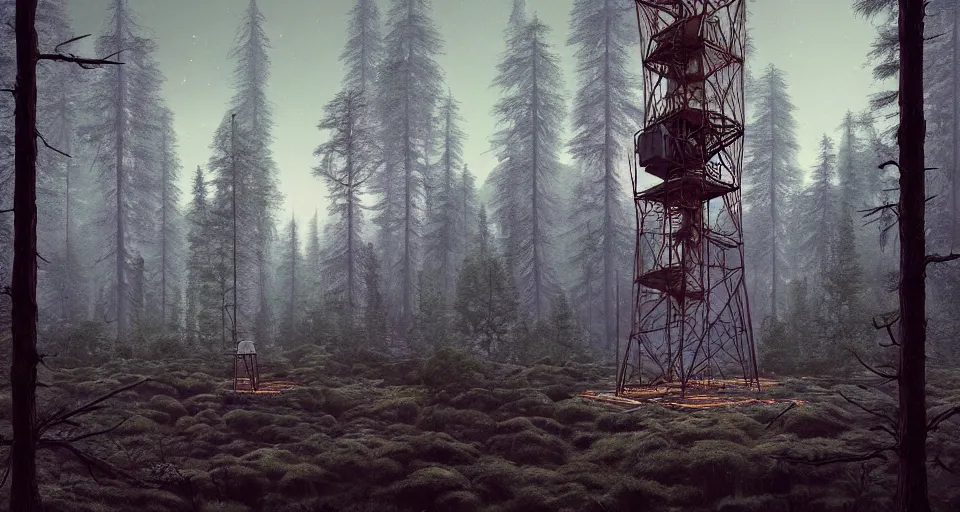 Prompt: Derelict Radio Tower in a pine forest landscape, rendered by zdzisław beksiński, simon stålenhag, Beeple, environment concept, digital art, starwars, unreal engine, 3 point perspective, WLOP, trending on artstation, low level, 4K UHD image, octane render,