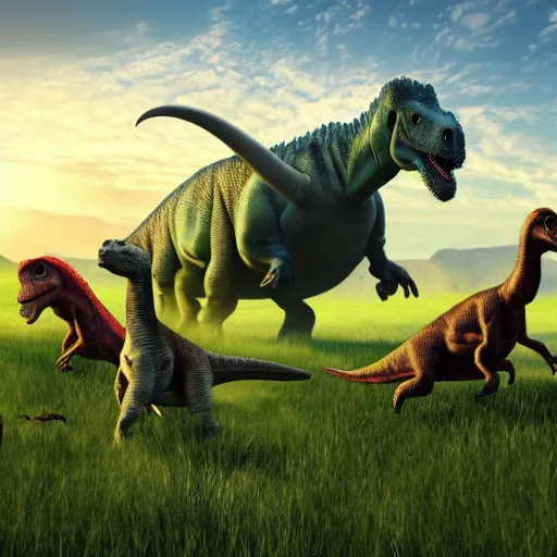 Prompt: a herd of dinosaurs running across a meadow