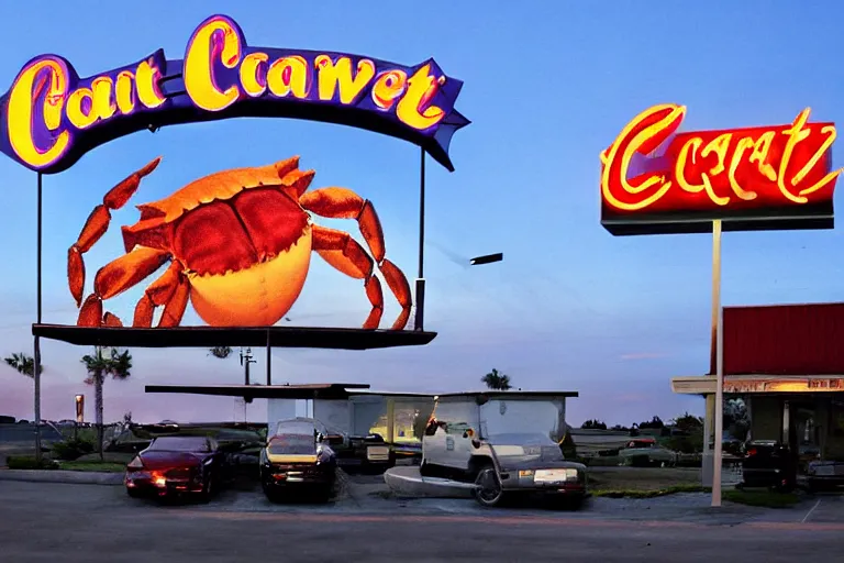 Prompt: giant crab attacking a california drive in, in 2 0 1 2, cutecore, y 2 k, bathed in the the glow of the sunset, low - light photograph, in style of monkeybone