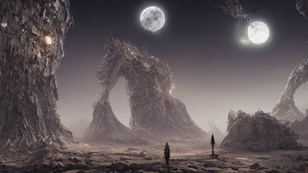 Image similar to eerie atmospheric alien moon by yoann lossel and stephan martiniere, cinematic matte painting