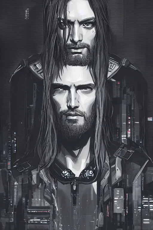 Image similar to a full length portrait of cyberpunk jesus, grim - lighting, high - contrast, intricate, elegant, highly detailed, digital painting, artstation, concept art, smooth, sharp focus, illustration