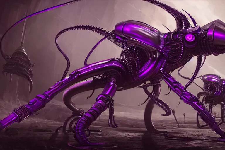 Image similar to alien military three legged tripedal tripod, metal laser tentacles, purple, futuristic, apocalyptic, by jon aaron kambeitz, katsuhiro otomo, heng z, concept art, insanely detailed, raytracing, octane, unreal engine, trending on artstation