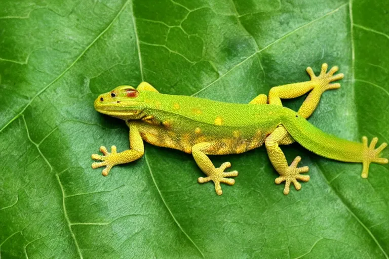 Image similar to a gecko hanging from a leaf