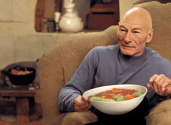 Image similar to patrick stewart sitting in a big bowl of vegetable stew