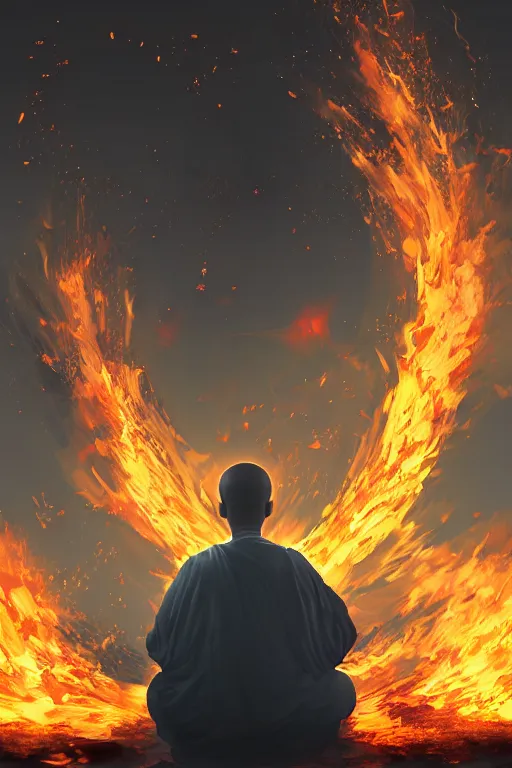 Prompt: A single monk meditating in flames by Afshar Petros, Trending on artstation.