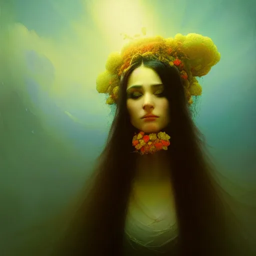 Prompt: illustration of a beautiful fungal priestess, face head eyes, hyperrealistic art by Ivan Aivazovsky