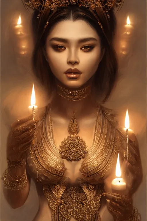 Image similar to Beautiful detailed portrait of an exotic goddess lit by candles, Nick Silva, Shin JeongHo, Wandah Kurniawan, Symmetrical composition with people centered, realistic proportions, trending on artstation