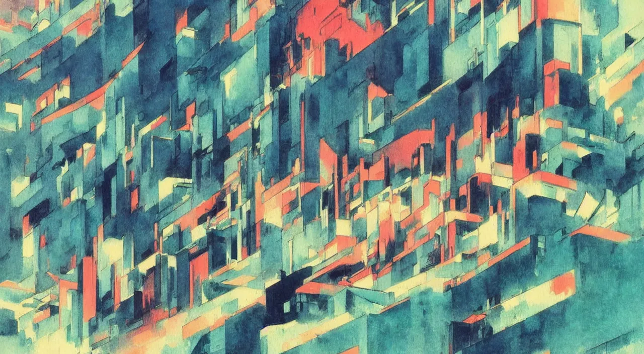 Image similar to vintage anime cinematic lush underwater glowing city on the edge of a steep cliff by Sonia Delaunay and Ivan Aivazovsky, muted tones, watercolor concept art by Syd Mead, by william herbert dunton, watercolor strokes, japanese woodblock, by Jean Giraud