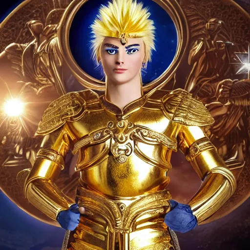 Image similar to A radiant, extreme long shot, photo of a 27-year-old Caucasian male wearing the Gemini Gold Armor, Beautiful gold Saint, Jaw-Dropping Beauty, gracious, aesthetically pleasing, dramatic eyes, intense stare, immense cosmic aura, from Knights of the Zodiac Saint Seiya, inside the Old Temple of Athena Greece,4k high resolution, exquisite art, art-gem, dramatic representation, hyper-realistic, atmospheric scene, cinematic, trending on ArtStation, Pinterest and Shutterstock, photoshopped, deep depth of field, intricate detail, finely detailed, small details, extra detail, ultra detailed, attention to detail, detailed picture, symmetrical, octane render, arnold render, unreal engine 5, high resolution, 3D, PBR, path tracing, volumetric lighting, golden hour, 8k, Photoshopped, Award Winning Photo, groundbreaking, Deep depth of field, f/22, 35mm, make all elements sharp, at golden hour, Light Academia aesthetic, Socialist realism, by Annie Leibovitz S 3789729843