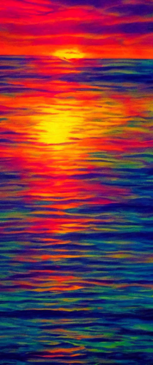 Image similar to a psychedelic sunset over the ocean