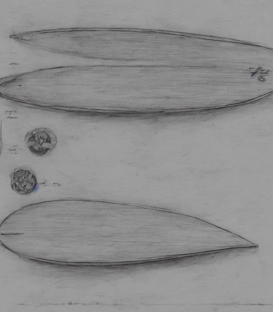 Image similar to blueprint sketch of a beautiful surfboard painted by leonardo da vinci, technical sketch, high detail, charocal drawing, firewire gofish, pukas surfboards, channel island surfboards