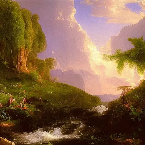 Prompt: The stream is a metaphor for life. It is always moving forward, even though it may meander. An oil painting by Thomas Cole