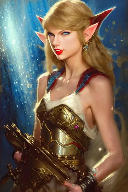 Image similar to taylor swift as princess zelda as a magic the gathering card portrait dnd, painting by gaston bussiere, craig mullins, greg rutkowski, yoji shinkawa