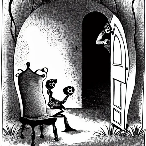 Prompt: storybook illustration of an open wardrobe revealing the entrance to a fantastic world featuring skullduggery pleasant, storybook illustration, monochromatic